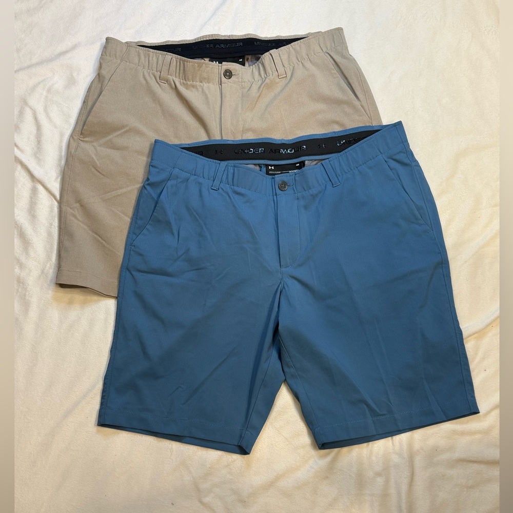 Under Armour Men's Blue and Beige Flat Front Shorts Bundle of 2